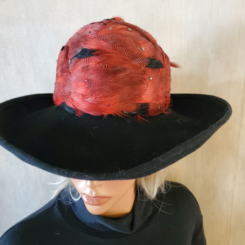 Vintage 70s Kurt Jr by Tom Hann Wide Brim Black Orange‎ Feathered Church Hat